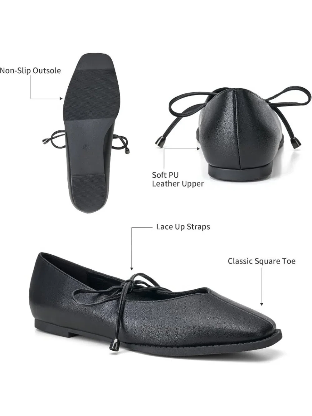 Women's Black Mary Jane Ballet Flats Square Toe Bow Comfort Dress Shoes